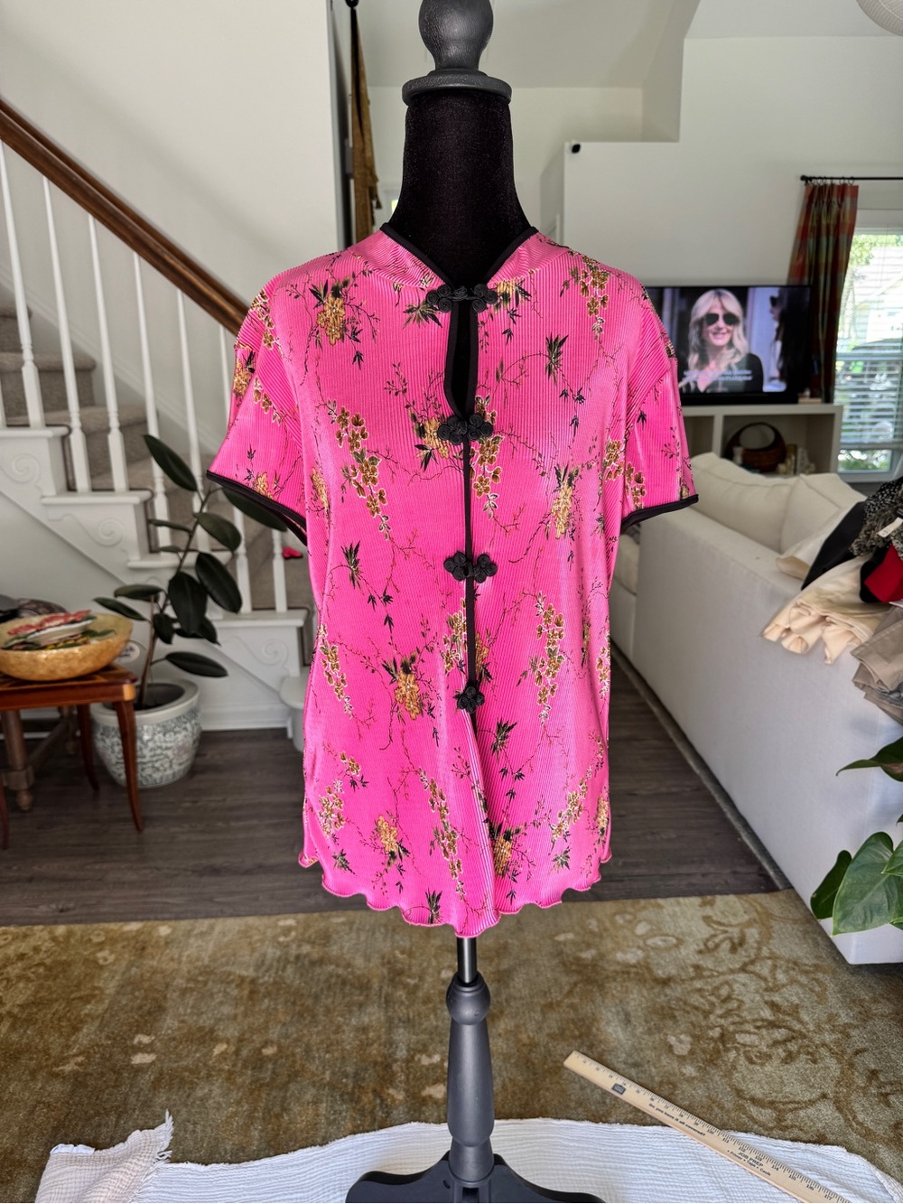 Dress Barn Hot Pink Floral Mandarin Button Blouse with Black Trim
